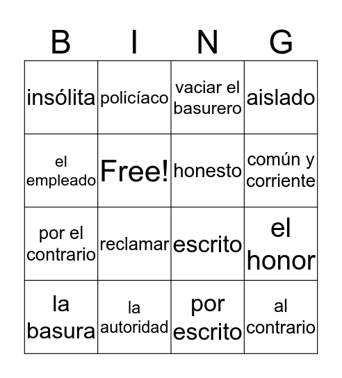 El incidente y palabras y expressiones  Bingo Card