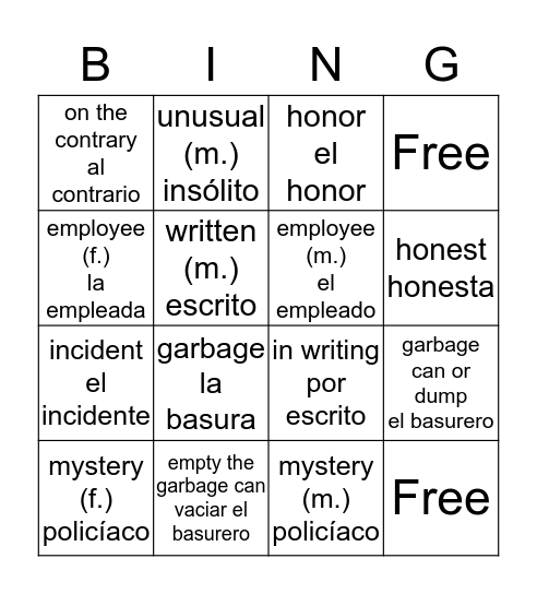 El incidente y Palabras y Expresiones Bingo Card