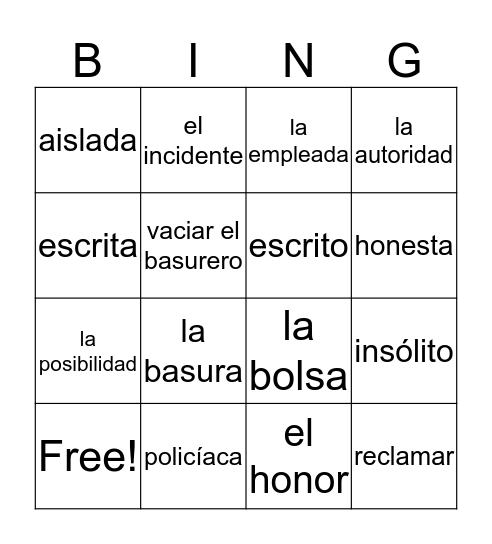 El incidente y palabras y expressiones  Bingo Card