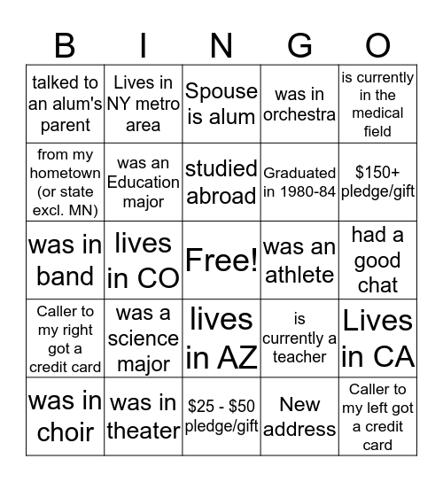 Phonathon Bing Bingo Card