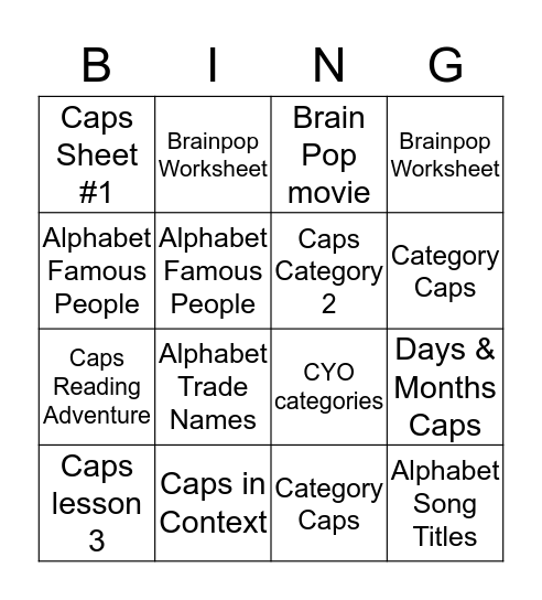 Capitalization Bingo Card