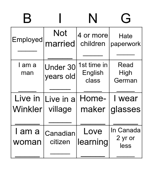 Get to Know Each Other Bingo Card