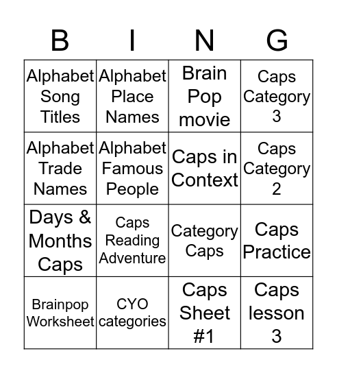 Capitalization Bingo Card