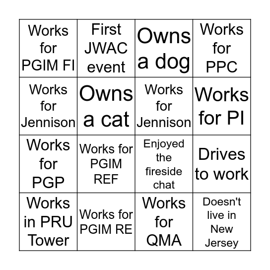 PGIM's JWAC Networking Happy Hour Bingo Card