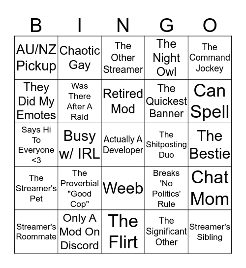 Twitch Moderator Bingo Card