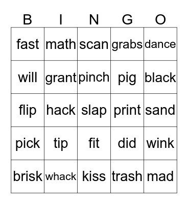 Short a and i Bingo Card