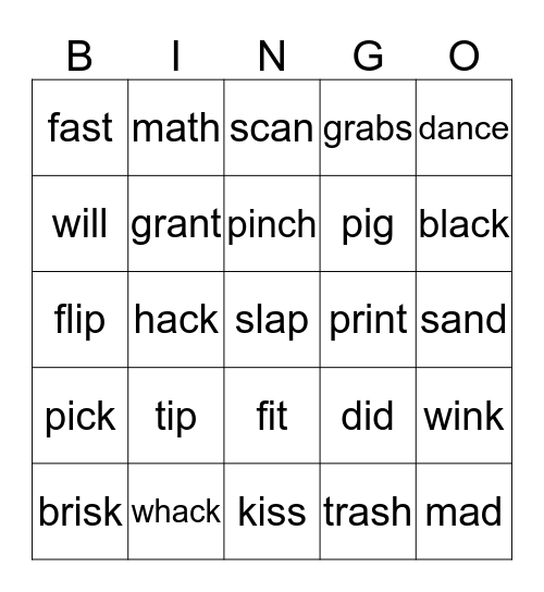 Short a and i Bingo Card