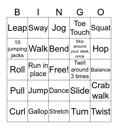 Physical Activity Bingo Board Bingo Card