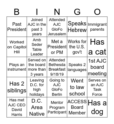 AJC Washington Leadership Retreat Bingo Card