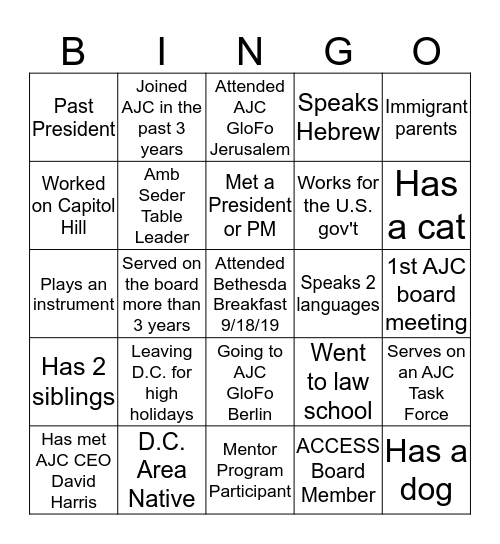 AJC Washington Leadership Retreat Bingo Card