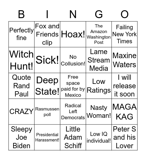 Trump's Bad News Rage Tweet Bingo Card