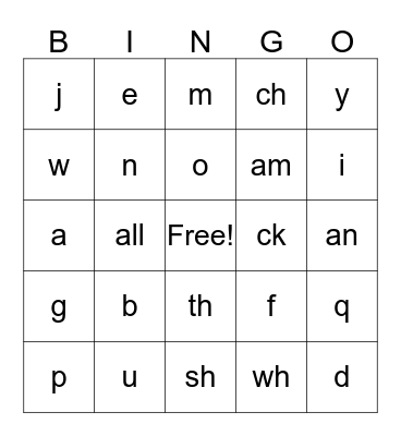 Sounds, Letters, and Digraphs Bingo Card
