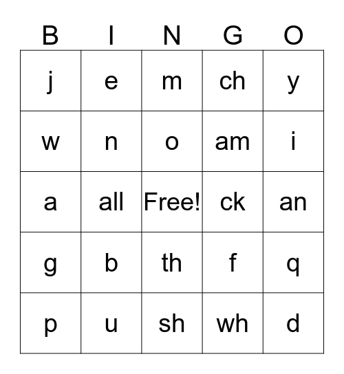 Sounds, Letters, and Digraphs Bingo Card