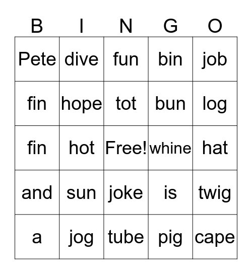 Spelling Words Bingo Card