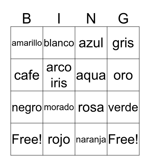 Los colores Bingo Card