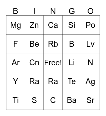 Periodic Table of Elements Bingo Card