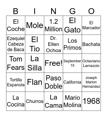 Hispanic Heritage Month Bingo Card