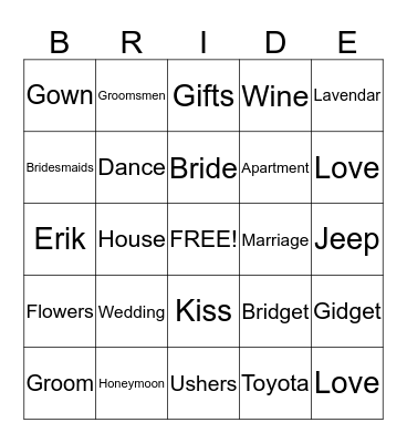 Bridget's Bridal Bingo Card