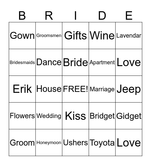 Bridget's Bridal Bingo Card