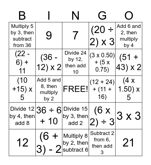 Math Bingo Card