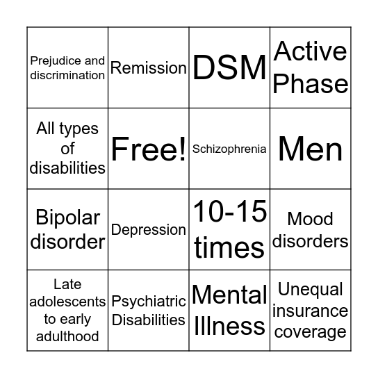 Psychiatric Disabilities  Bingo Card
