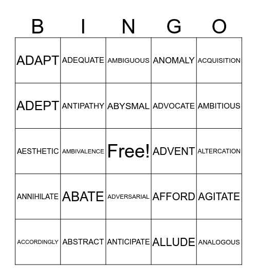 SAT 262 WORDS-24=238 Bingo Card