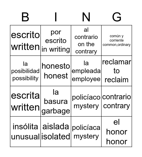 El Incidente y Palabras y Expresiones Bingo Card