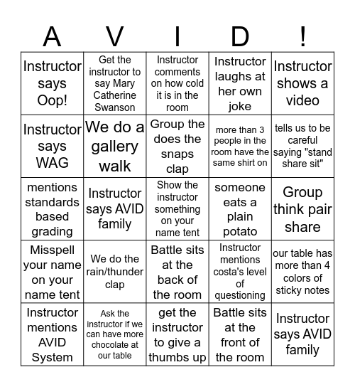 AVID Bingo Card