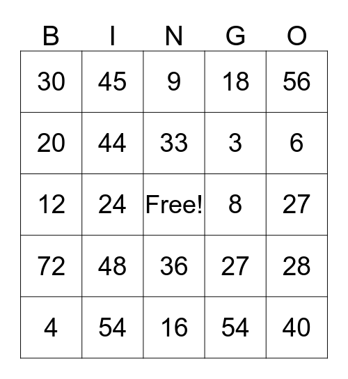 3's, 4's and 9's Multiplication Bingo Card