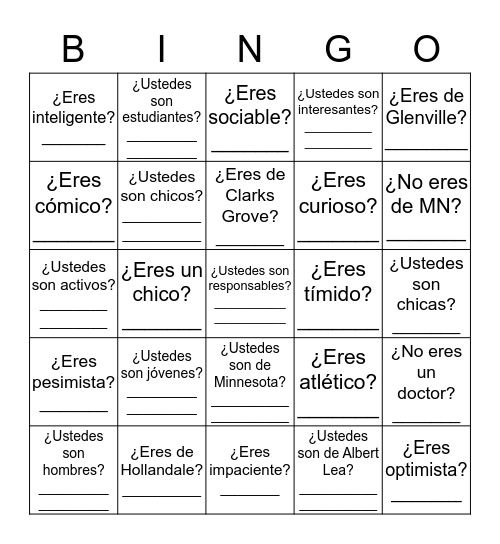 Ser Speaking Practice Bingo Card