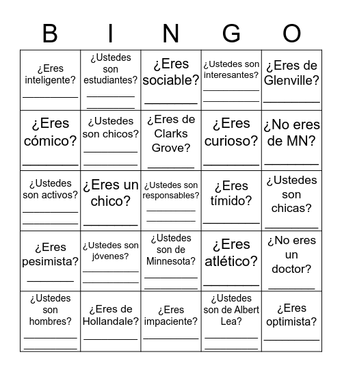 Ser Speaking Practice Bingo Card