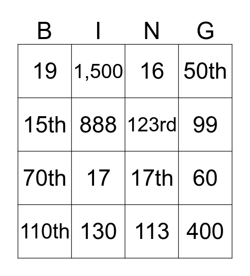 Numbers Bingo Card