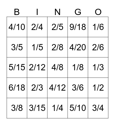 Fraction Bingo Card