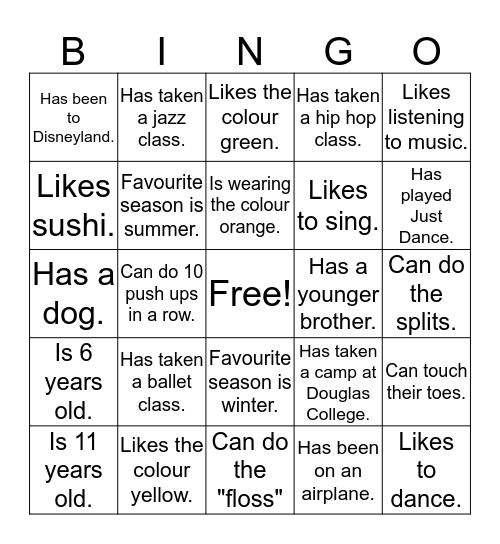 Douglas College Dance Class Bingo! Bingo Card