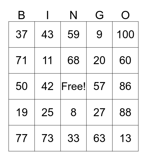 NUMBER BINGO Card