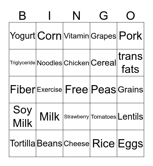 Nutrition Bingo Card