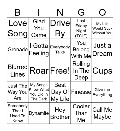 Hits Of the Current Decade Bingo Card