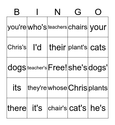 Apostrophes Bingo Card