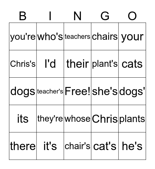 Apostrophes Bingo Card