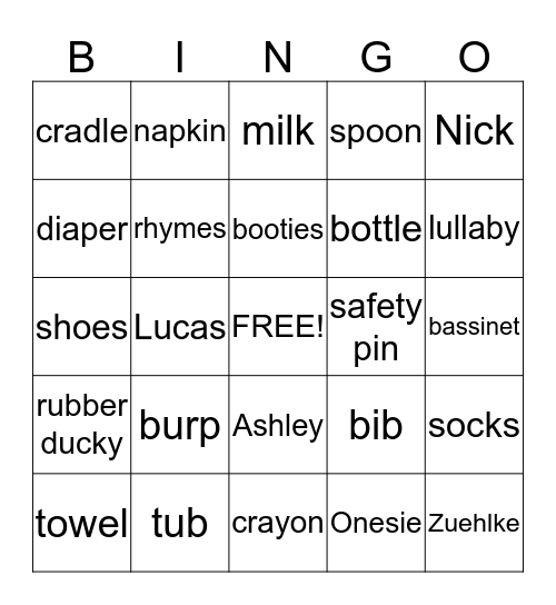 Lucas Zuehlke Baby Shower!  Bingo Card