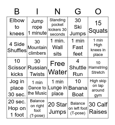 Fitness Bingo Card