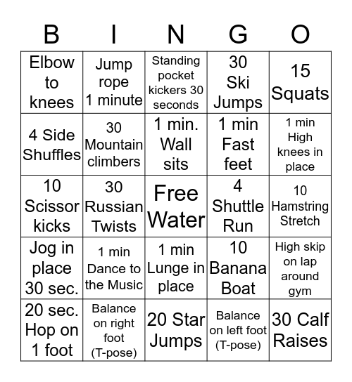 Fitness Bingo Card