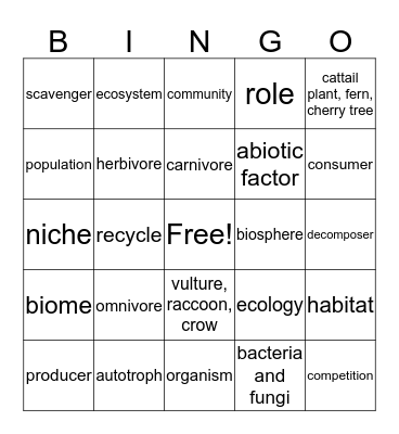 Ecology Intro Bingo Card