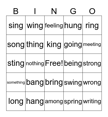 Words that end with "ng" Bingo Card