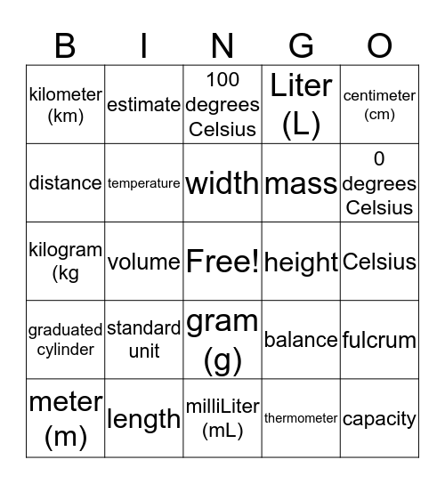 Science Unit 1 Vocabulary Bingo Card