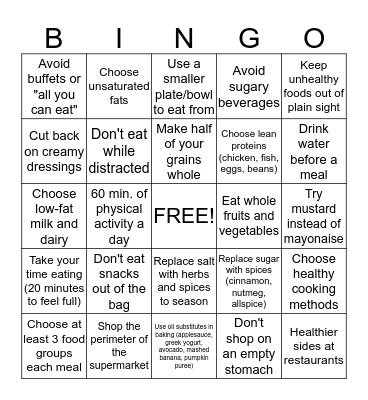 Healthy Tips Bingo Card