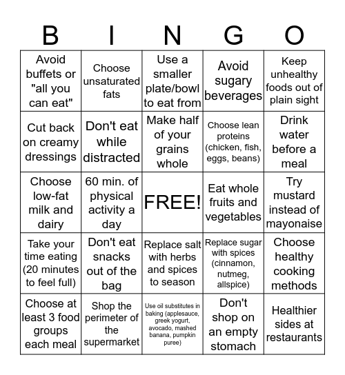 Healthy Tips Bingo Card