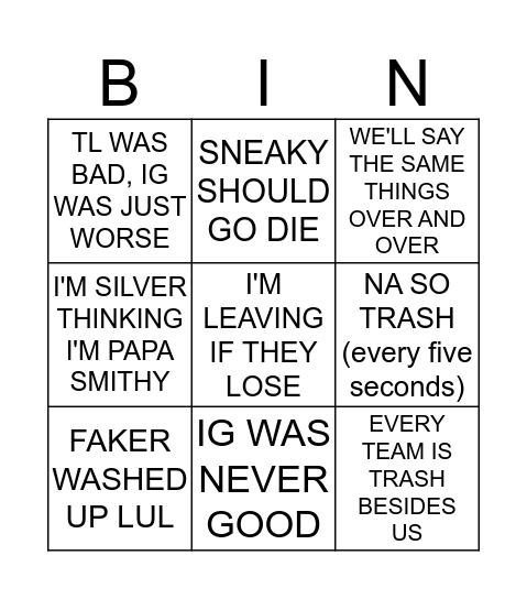 G2 Bandwagon Fan Bingo Card