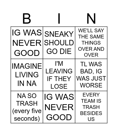 G2 Bandwagon Fan Bingo Card