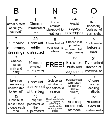 Healthy Tips Bingo Card